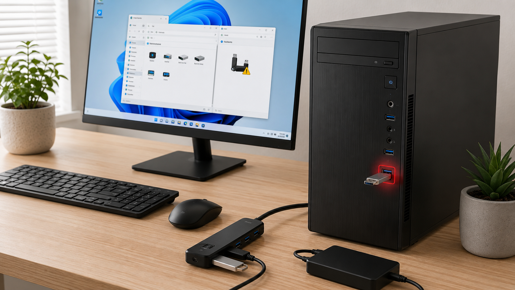 본체 전면 USB 포트가 인식되지 않아 Windows 11에서 USB 장치를 연결한 데스크톱 PC 화면