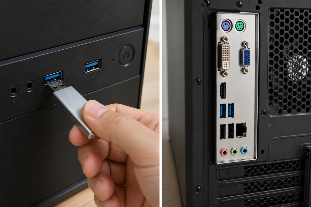 본체 전면 USB 포트와 후면 USB 포트 위치 비교