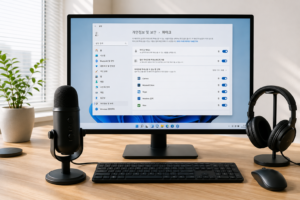 Windows 11 마이크 개인정보 설정과 USB 마이크가 함께 있는 작업 환경