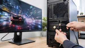 Windows 11 PC에서 외장 그래픽카드 DisplayPort에 모니터를 연결한 모습