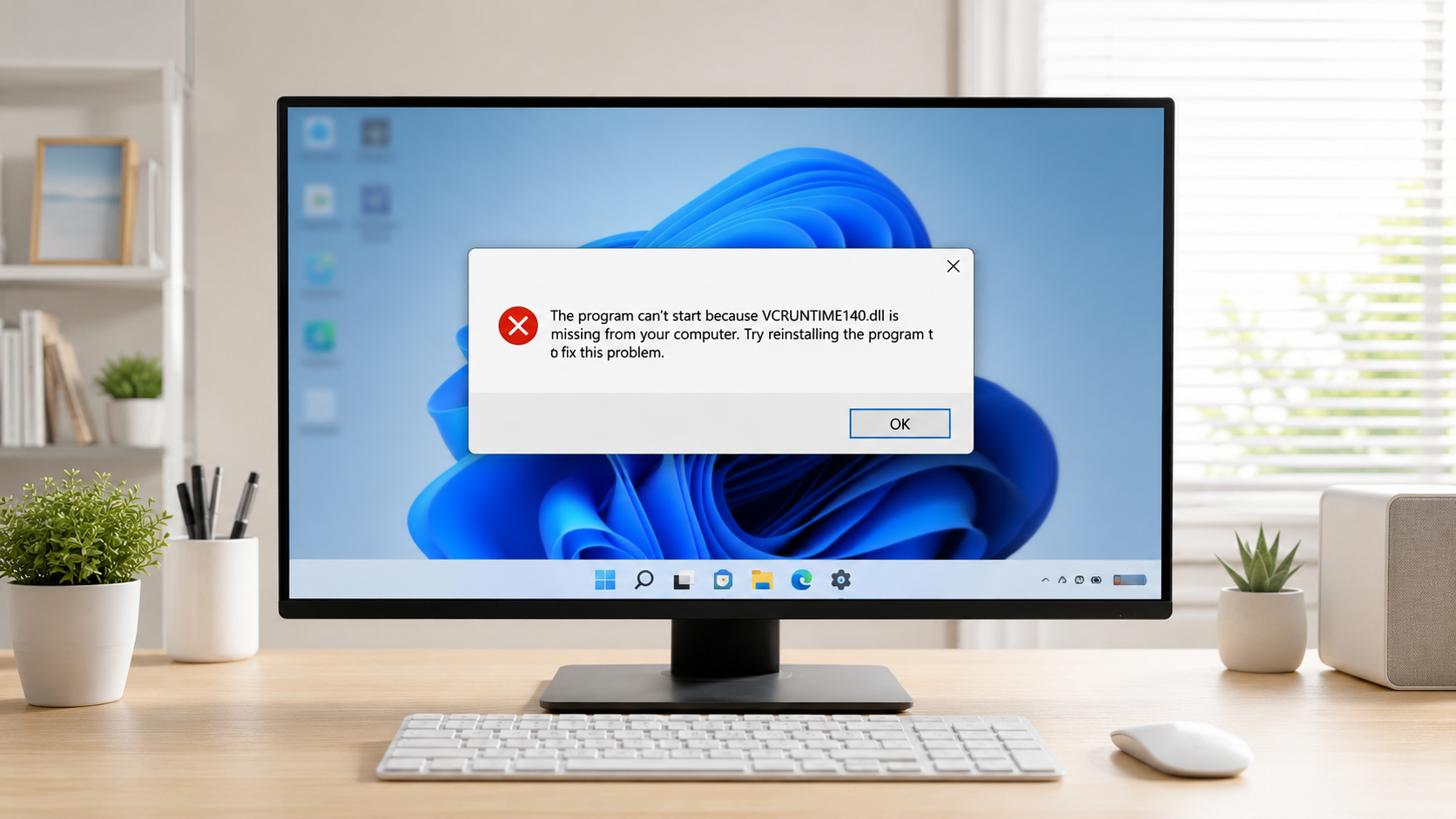 VCRUNTIME140.dll 누락 오류로 코드 실행을 진행할 수 없습니다 메시지가 표시된 Windows 11 화면