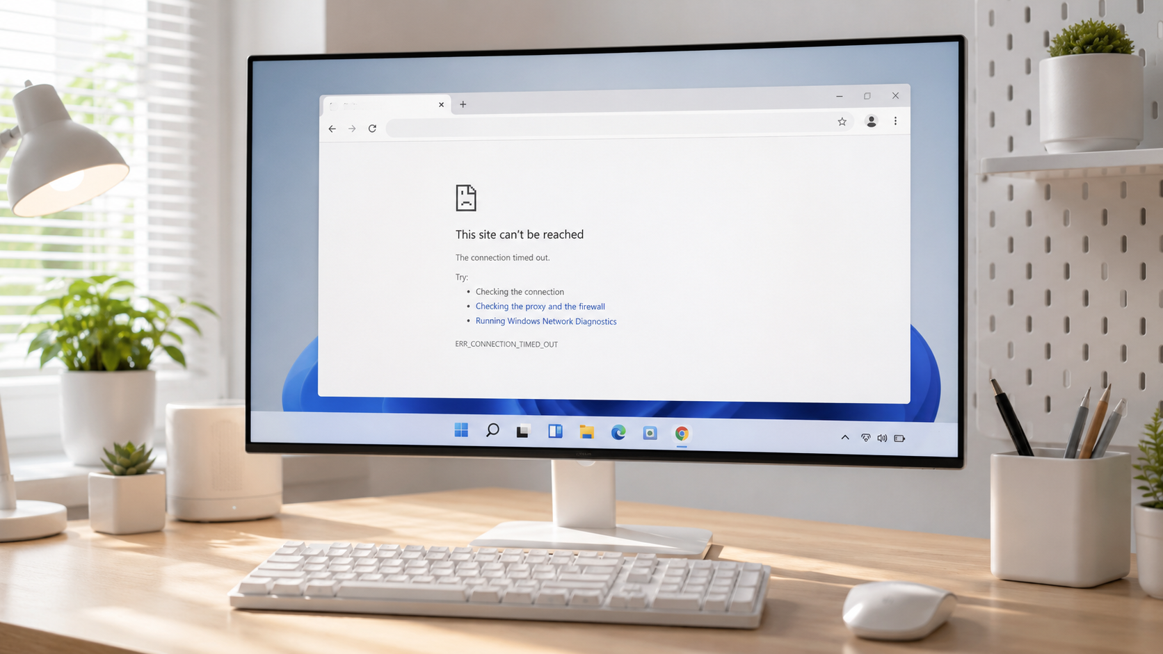 Chrome ERR_CONNECTION_TIMED_OUT 오류가 표시된 Windows 11 화면