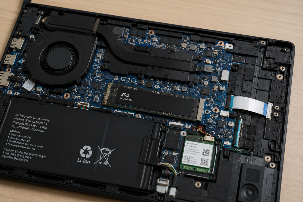 노트북 메인보드에 장착된 M.2 NVMe SSD 모습