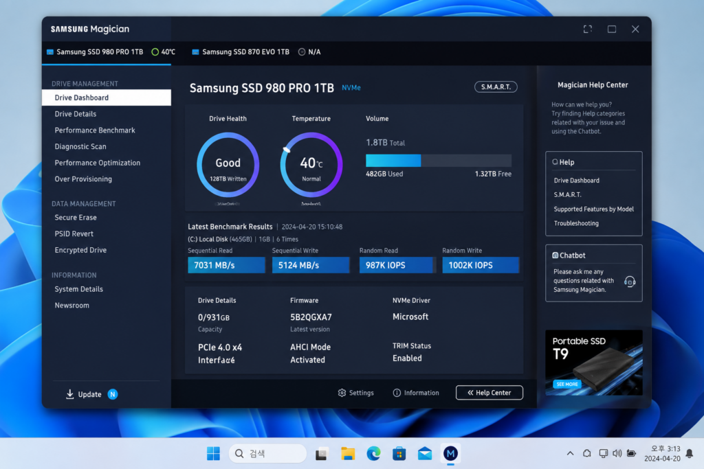 Windows 11에서 SSD 관리 프로그램을 실행해 SSD 상태와 펌웨어 버전, 저장장치 정보를 확인하는 화면