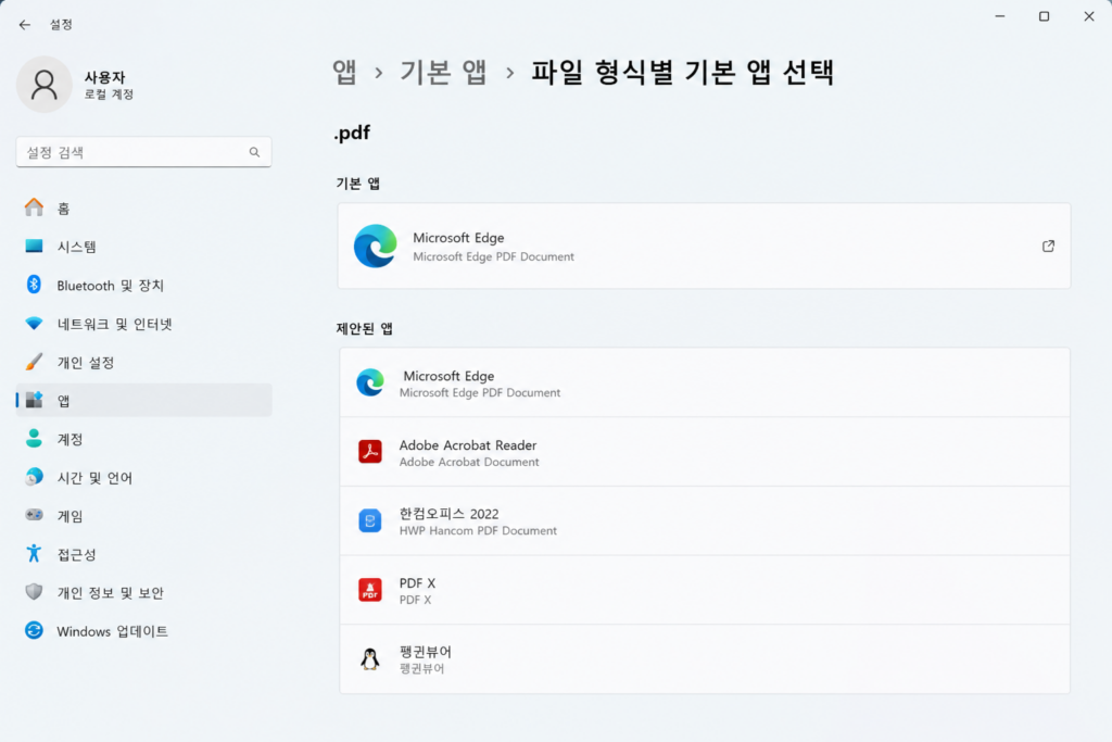 Windows 11 기본 앱 설정에서 .pdf 파일 형식의 기본 PDF 뷰어를 Microsoft Edge와 Adobe Acrobat Reader 중 선택하는 화면