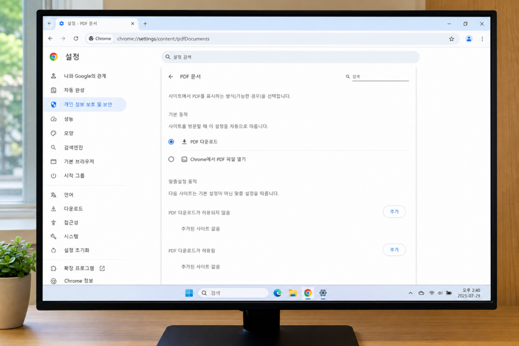 Windows 11 Chrome 브라우저에서 chrome://settings/content/pdfDocuments PDF 설정 페이지를 열어 PDF 파일 열기 및 다운로드 옵션을 확인하는 화면