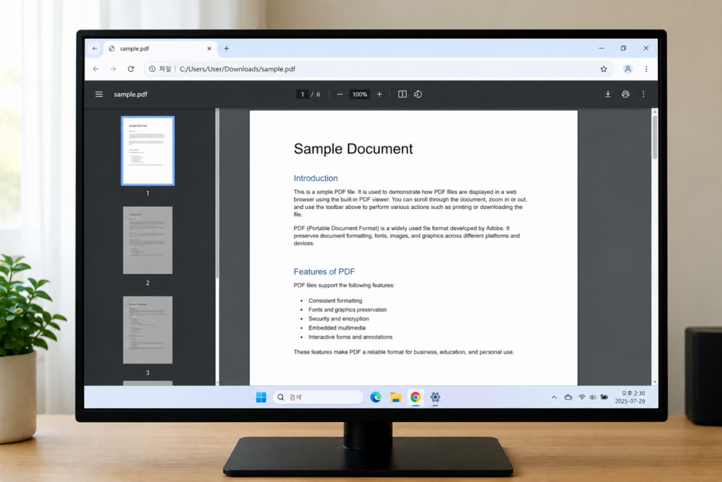 Windows 11 Chrome 브라우저에서 PDF 문서가 정상적으로 열리는 화면