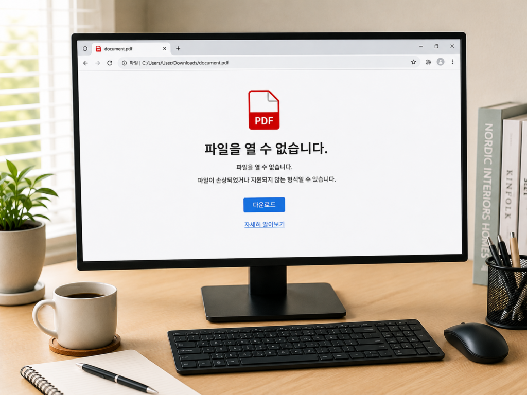 Chrome 브라우저에서 빨간색 PDF 파일 아이콘과 함께 PDF 파일을 열 수 없는 오류가 표시되는 Windows 11 화면