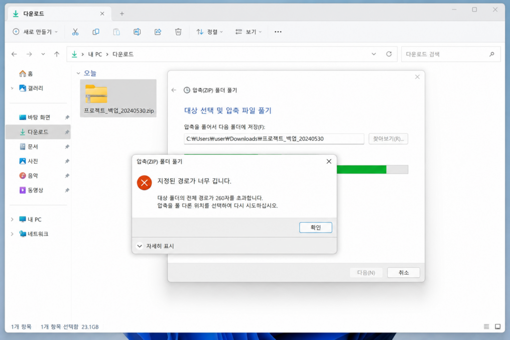 Windows 11 파일 탐색기에서 ZIP 파일 압축 해제 중 지정된 경로가 너무 깁니다 오류가 표시된 화면