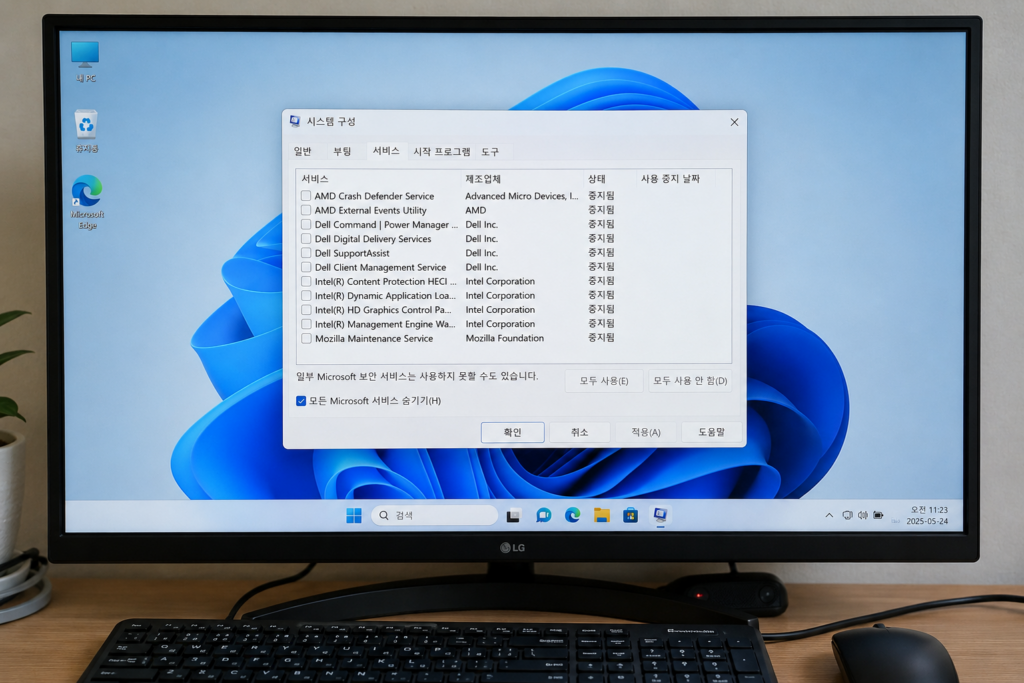 Windows 11 시스템 구성 msconfig 서비스 탭 화면