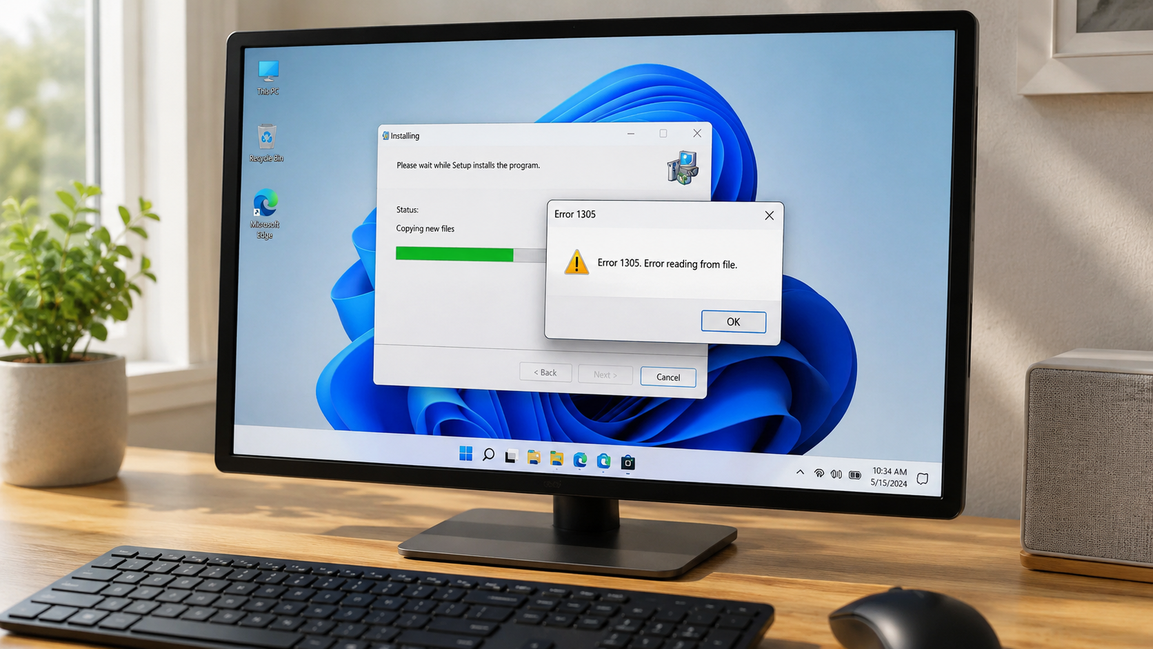 **ALT** `Windows 11에서 프로그램 설치 중 Error 1305(Error reading from file) 오류 메시지가 표시되어 설치가 중단된 화면`